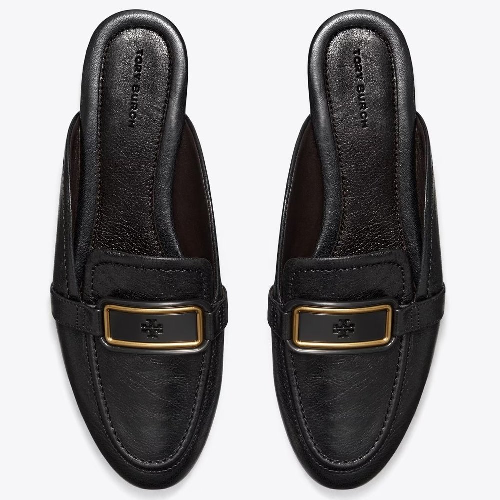 Tory Burch $298 Georgia Backless Loafer Flats Mules Black Gold Logo - Picture 3 of 9